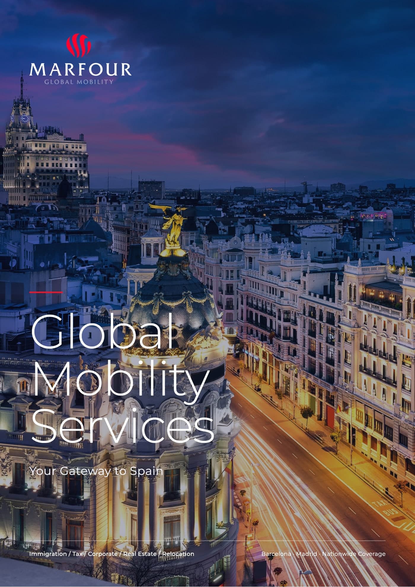 Brochure cover: Global Mobility Services, Your Gateway to Spain, with Madrid at dusk