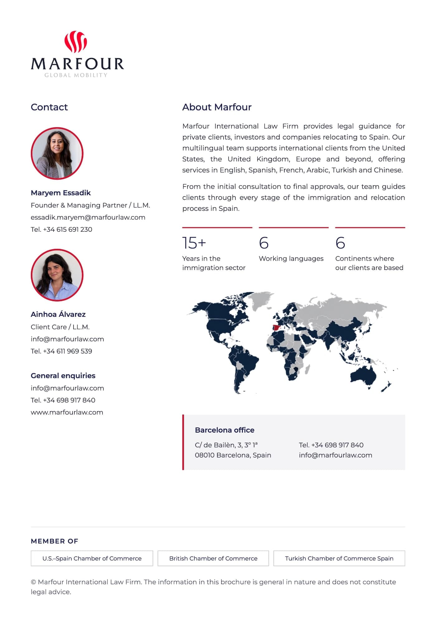 Brochure page 4: contacts, About Marfour, and an international client map