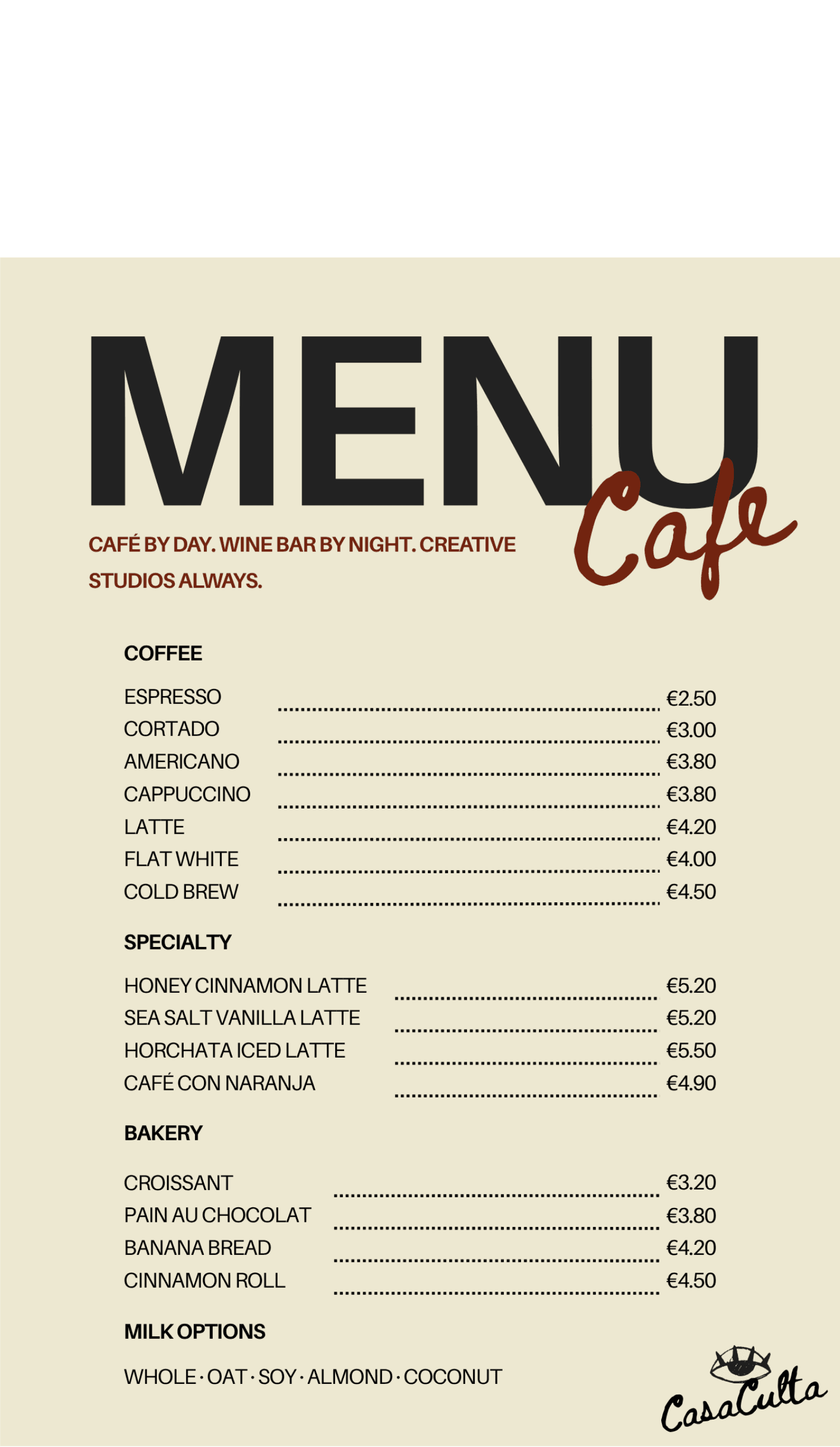 Café menu artwork: coffee, specialty drinks, bakery, and milk options