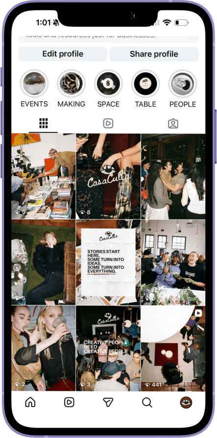 Casa Culta Instagram grid with story highlights for events, making, space, table, and people