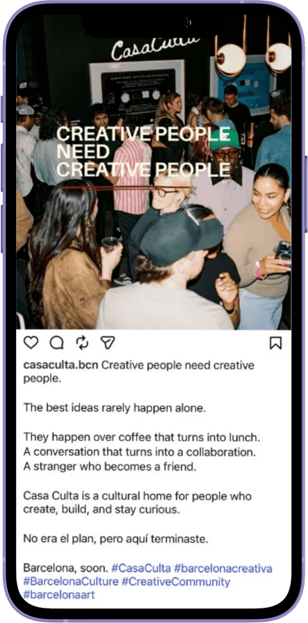 Instagram post: 'Creative people need creative people', over a crowded gathering